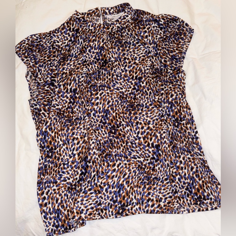 Nine West Blue and Brown Patterned Blouse